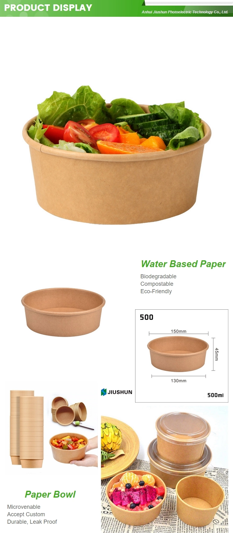 Factory Supply Disposable Custom Printing Food Packing Box Container Kraft Paper Salad Bowl with Lid