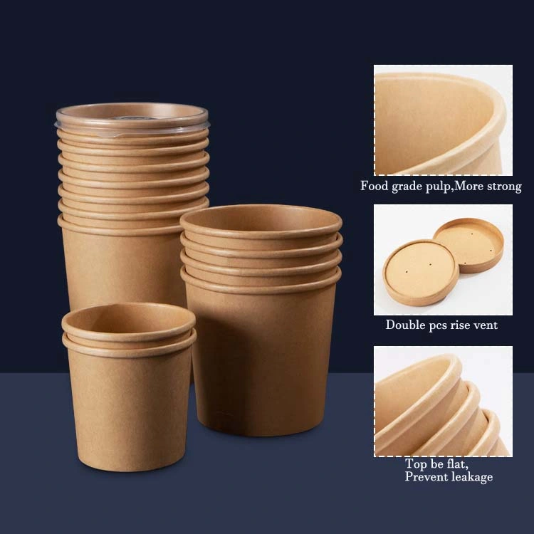 High-Grade Thickened Disposable Kraft Paper Bucket Soup Bowl Snacks Soup Noodle Takeaway Package Soup Cup with Lid